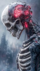 Post apocalyptic biomechanical skeleton with glowing cybernetic brain circuits wires and robotic implants in futuristic dystopian city