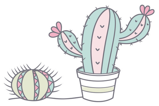Soft pop vector art pastel cactus in pot, transparent background