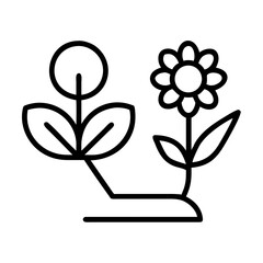 Simple line art drawing of two plants, one with a round flower