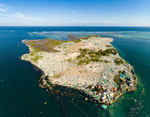 Fototapeta premium An aerial view of a small island choked with plastic debris, surrounded by turquoise waters, showcasing the devastating impact of pollution on a pristine ecosystem.