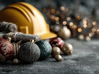 Construction helmet surrounded by festive ornaments and holiday decorations on a textured surface