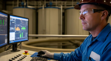 Man monitoring industrial equipment performance on computer displays. Operator in control room observing wastewater treatment process.