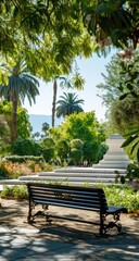 Obraz premium Park bench, sunny garden, mountains view, relaxation