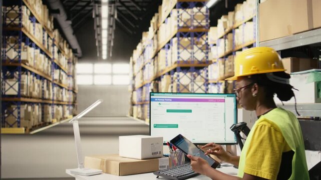African american warehouse clerk overseeing package route to update tracking info in real time on computer software, working with hi vis vest and helmet in the fulfillment center. Camera A.