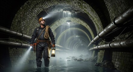 Caucasian engineer man inspecting urban sewer tunnel. Deep underground stormwater system with water and pipes. Wastewater management service.
