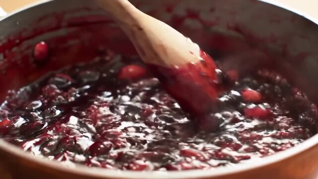Stirring Berry Compote: Homemade Fruit Sauce Preparation