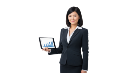 A professional businesswoman in a dark suit confidently presents a tablet displaying a rising bar graph, symbolizing growth and success in a business context.