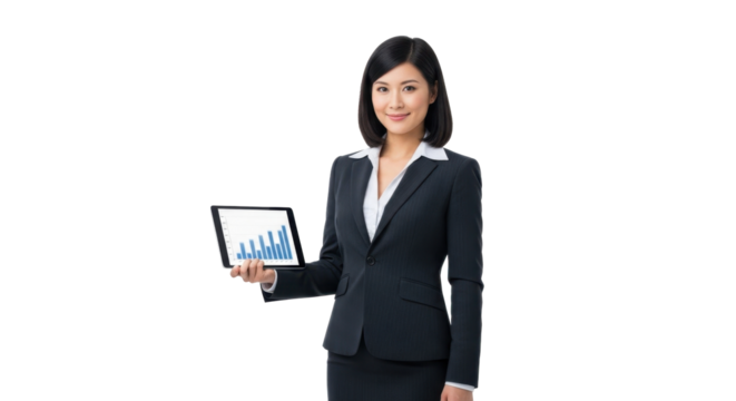 A professional businesswoman in a dark suit confidently presents a tablet displaying a rising bar graph, symbolizing growth and success in a business context. - Powered by Adobe