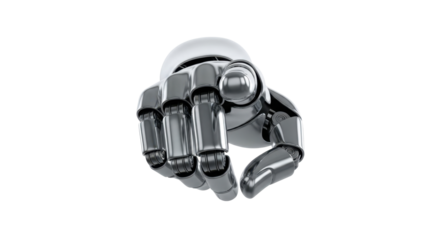 A metallic robotic hand with a pointing gesture, isolated on a white background.