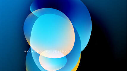 Abstract fluid shapes, vibrant blues, yellow hues. Modern design, dark background creates depth, smooth gradients present.