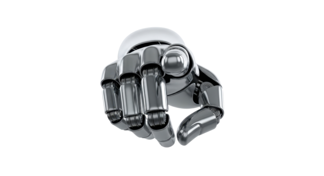 A metallic robotic hand with a pointing gesture, isolated on a white background.
