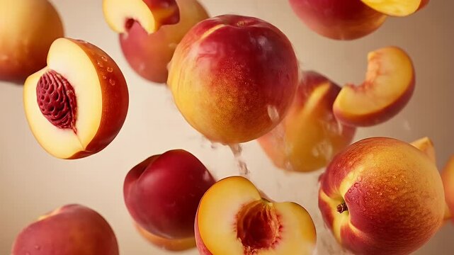 Multiple whole and halved peaches floating against a light brown background