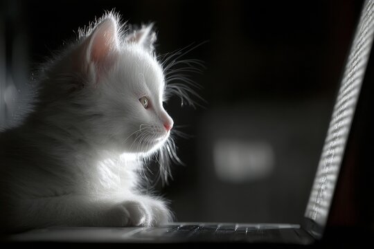 Frightened feline: kitten's night at the laptop. Inbox zero methods. Reclaiming attention in the era of nonstop digital messaging noise. Night room. Digital message overload.