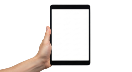 A hand holding a tablet computer with a blank white screen against a plain white background.