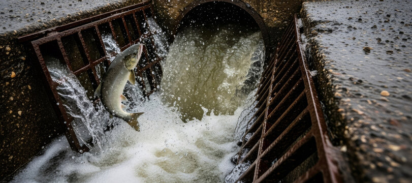 Salmon fish jumping at sewer outflow grate with splashing water in urban storm drain system. Wastewater and pollution concept.