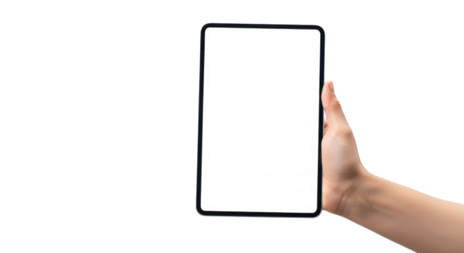 Hand holding a tablet with a blank white screen, isolated on white background.