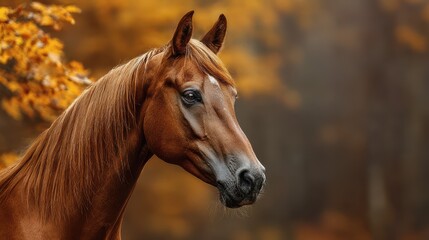 Fototapeta premium Majestic brown horse standing amidst golden autumn foliage in a serene forest setting during early morning light