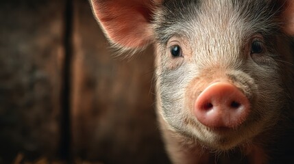 Fototapeta premium Curious piglet in a rustic farm setting during the early morning hours