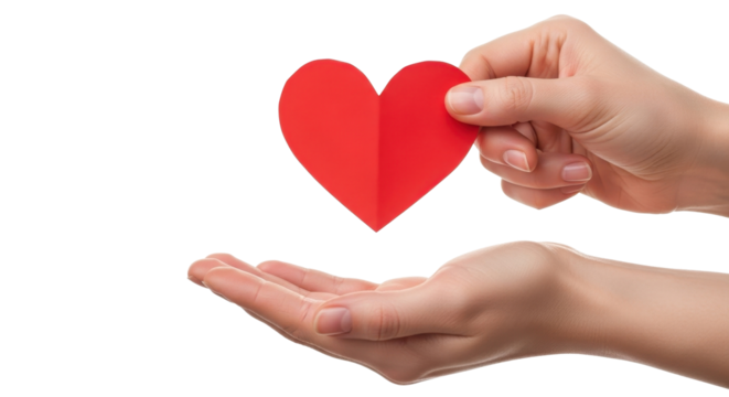 A person's hands holding a folded red paper heart, symbolizing love and care.