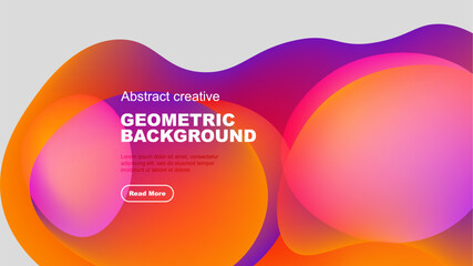 Vibrant abstract shapes overlap, creating dynamic geometric background. Text present, button visible. Modern design elements dominate composition.
