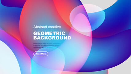 Abstract shapes overlap, creating vibrant colorful background. Text present, button visible. Modern design elements dominate composition.