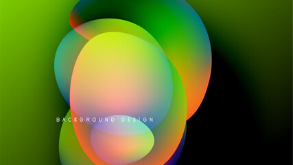 Abstract vibrant shapes overlap. Green, yellow, blue hues blend into dark background. Modern design element.