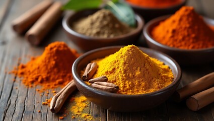Aromatic Spices on Wooden Table.