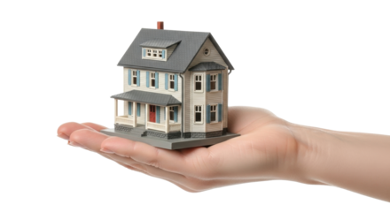 A miniature house model is held in the palm of a hand, isolated on white.
