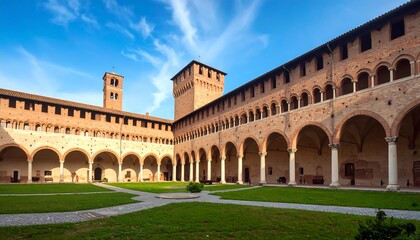 Fototapeta premium Historical magnificence: Sforza Castle courtyard in Milan under a clear blue sky