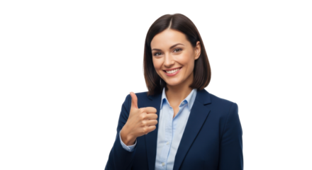 Smiling businesswoman in a blue suit gives a thumbs-up gesture, expressing approval and success.