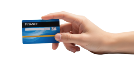 A person's hand holding a blue finance credit card against a white background.