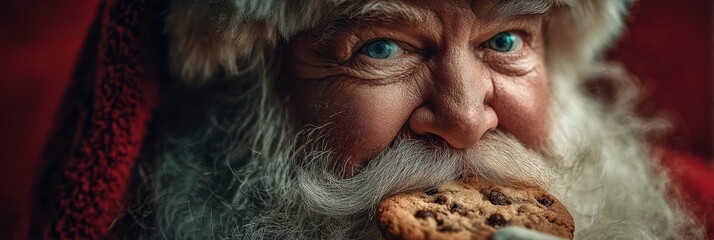 Santa Claus enjoying a chocolate chip cookie in a festive setting during the holiday season