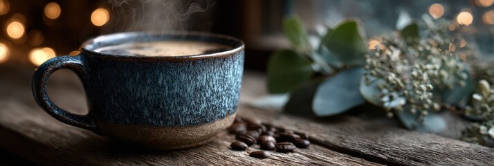 Warm coffee cup resting on a rustic wooden table with coffee beans and greenery in a cozy atmosphere