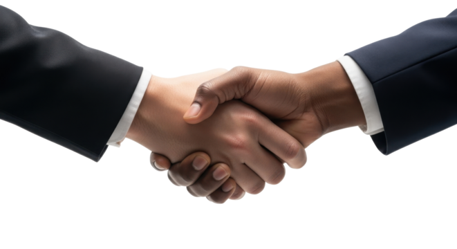 Two businessmen shaking hands, signifying a deal, agreement, or partnership.