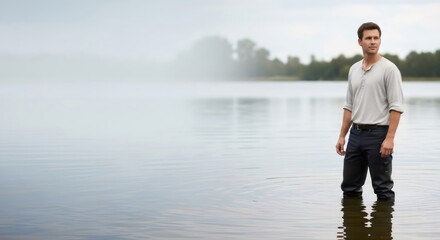Fototapeta premium A man standing in calm water wearing waders, looking at the distant horizon with a reflective expression, symbolizing water ecology.