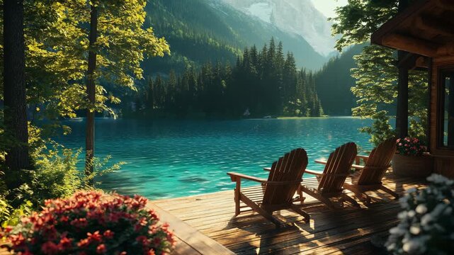 This is lakeside retreat where you can find wooden chairs nestled amongst vibrant flowers, all set against the backdrop of majestic mountains, making it an idyllic spot for relaxation and tranquility