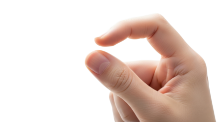 A close-up shows a fair-skinned hand gently pinching something small, fingers delicately curved.