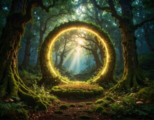 A mystical, golden ring of light creates an enchanting portal in a lush, mossy forest, bathed in ethereal sunlight.