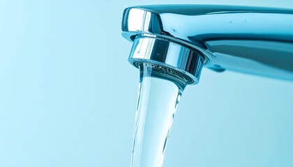 Close-up view of flowing water from a modern chrome faucet against a light blue background.