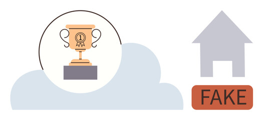Golden trophy in cloud conveys achievement, paired with house and FAKE stamp addressing authenticity concerns. Ideal for success, validation, trust, assessment, competition, quality, awareness