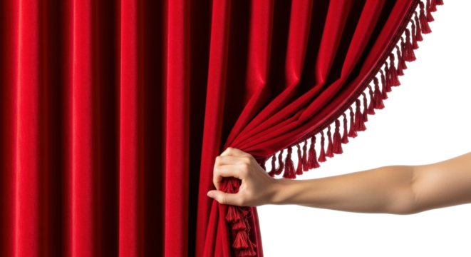 A hand pulls back a rich red velvet curtain, revealing the stage behind.