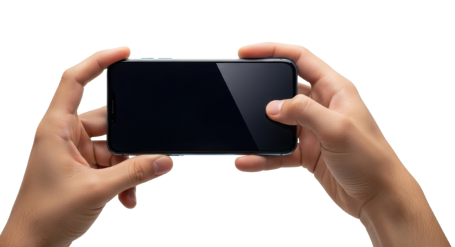 Hands hold smartphone horizontally, capturing image or video; blank screen.