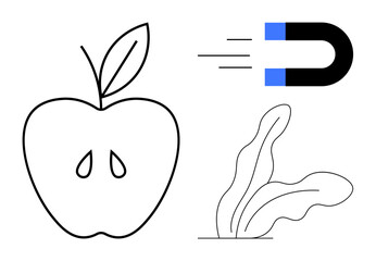 Outline of an apple with seeds and leaf, a magnet with motion lines, and a leafy plant. Ideal for themes thumbs up nature, attraction, growth, science, education, minimal design simple flat metaphor