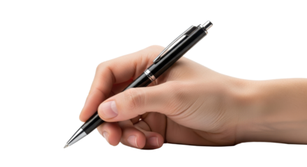 A hand delicately holds a black pen, poised for writing or signing, against a stark white background.
