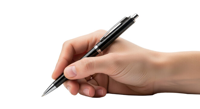 A hand delicately holds a black pen, poised for writing or signing, against a stark white background.