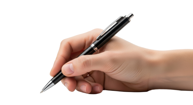 A hand delicately holds a black pen, poised for writing or signing, against a stark white background. - Powered by Adobe