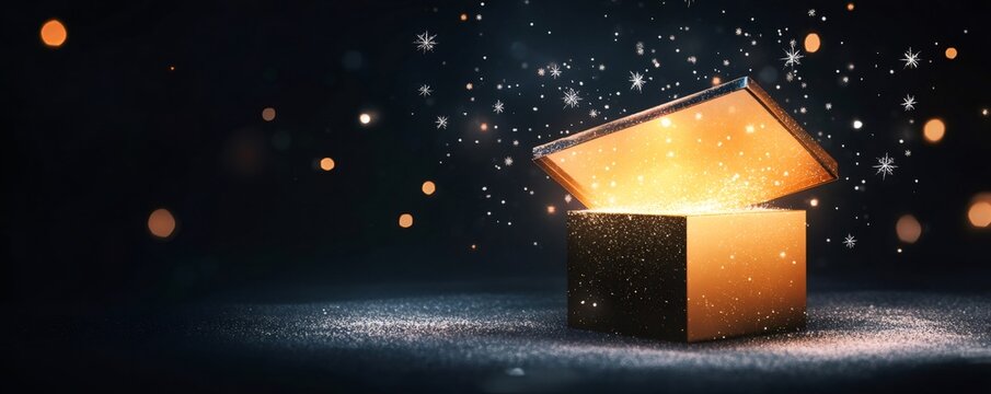 Golden gift box opening with magic light and snowflakes for christmas and new year 2026 celebrations