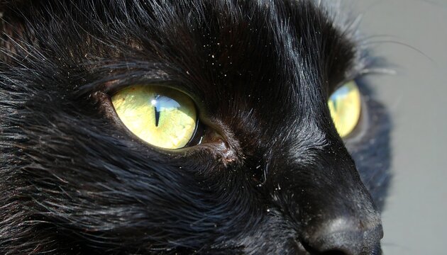 Intense gaze of a sleek black cat with mesmerizing yellow-green eyes detail close-up - Powered by Adobe