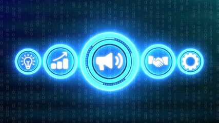 Digital marketing and business icons with binary code background in blue technology communication - Powered by Adobe