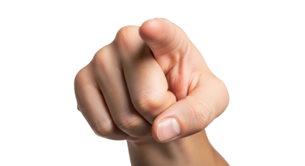 Close-up of a hand pointing directly at the viewer, finger extended, against a plain white background.